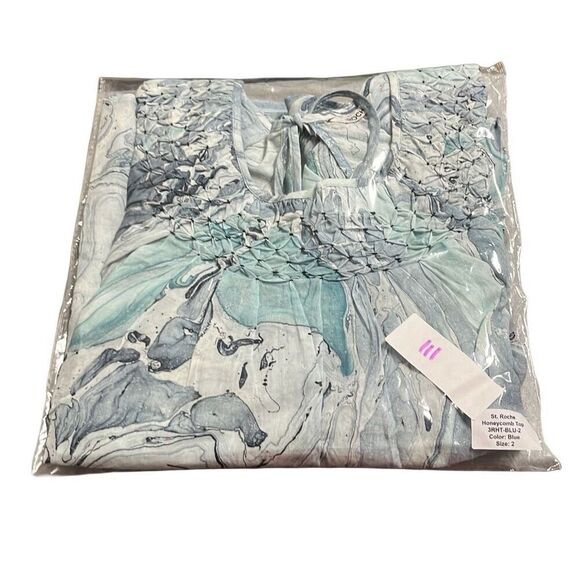 St Roche Honeycomb Top Blue Watercolor Smocked Keyhole Cotton Size Small NWT - Picture 13 of 15